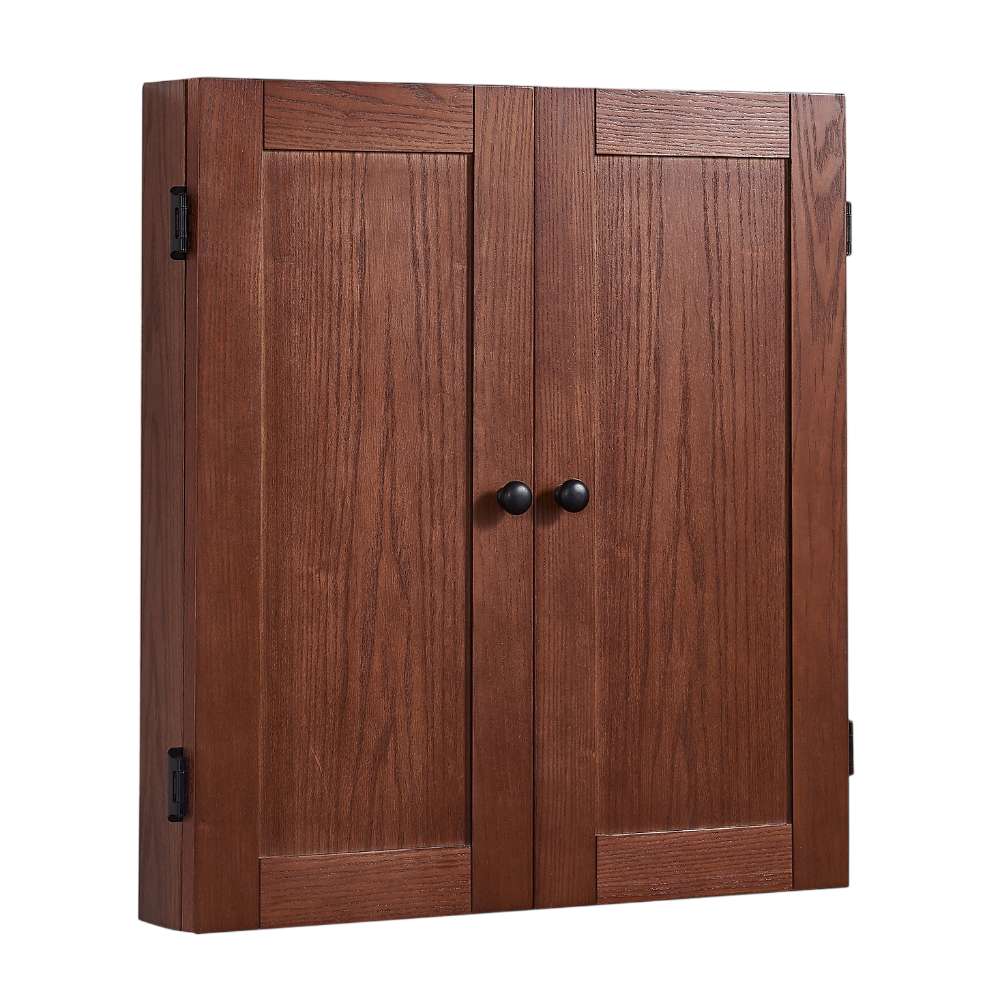 Dark Walnut Crate & Barrel Dartboard closed and turned at a three quarter angle so the shallow depth of the wall cabinet and its side hinges are visible