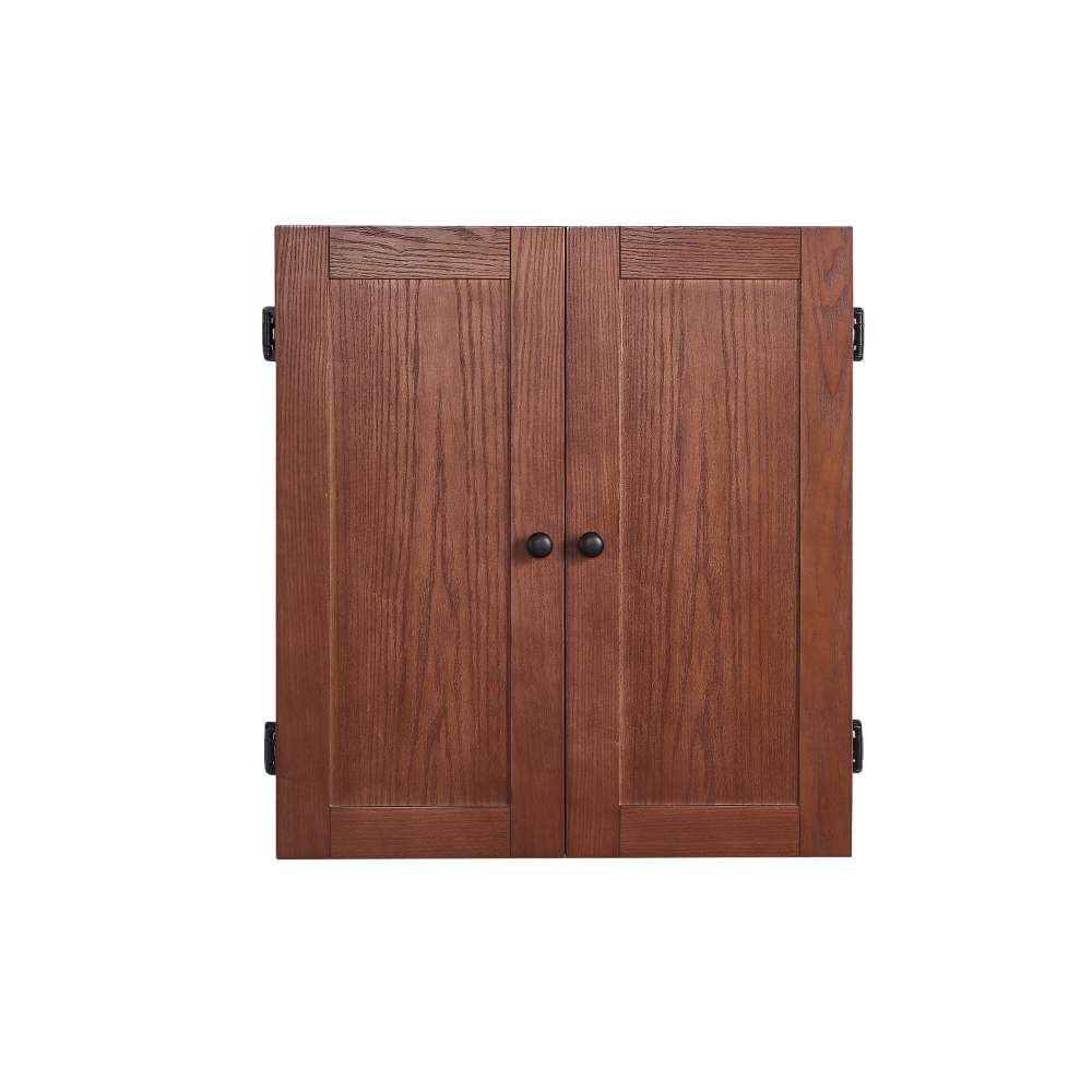 Dark Walnut Crate & Barrel Dartboard seen from the front with both cabinet doors closed, showing two panelled wood doors with round black knobs and black hinges