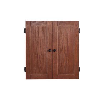 Dark Walnut Crate & Barrel Dartboard seen from the front with both cabinet doors closed, showing two panelled wood doors with round black knobs and black hinges