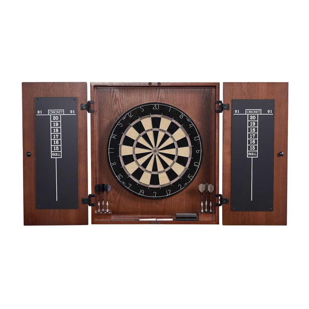 Dark Walnut Crate & Barrel Dartboard with the cabinet doors open to show a black and cream bristle dartboard, two chalkboard scoresheets on the inside of the doors, and two sets of three darts clipped beside the board