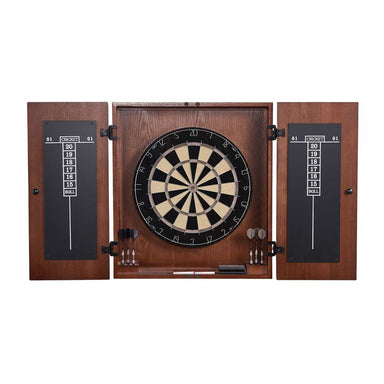 Dark Walnut Crate & Barrel Dartboard with the cabinet doors open to show a black and cream bristle dartboard, two chalkboard scoresheets on the inside of the doors, and two sets of three darts clipped beside the board