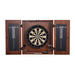 Dark Walnut Crate & Barrel Dartboard with the cabinet doors open to show a black and cream bristle dartboard, two chalkboard scoresheets on the inside of the doors, and two sets of three darts clipped beside the board