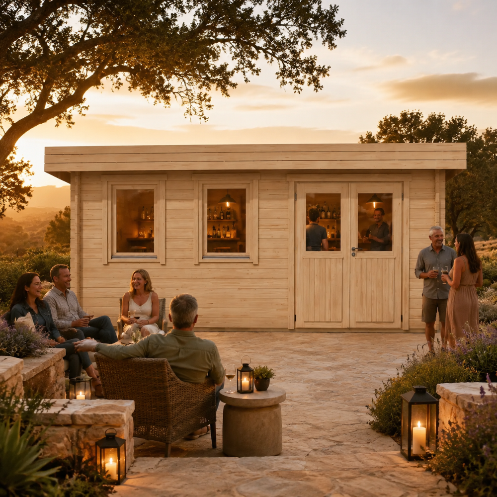 Rectangular light wood studio with glass doors and windows, set on a stone patio with people socialising at sunset.