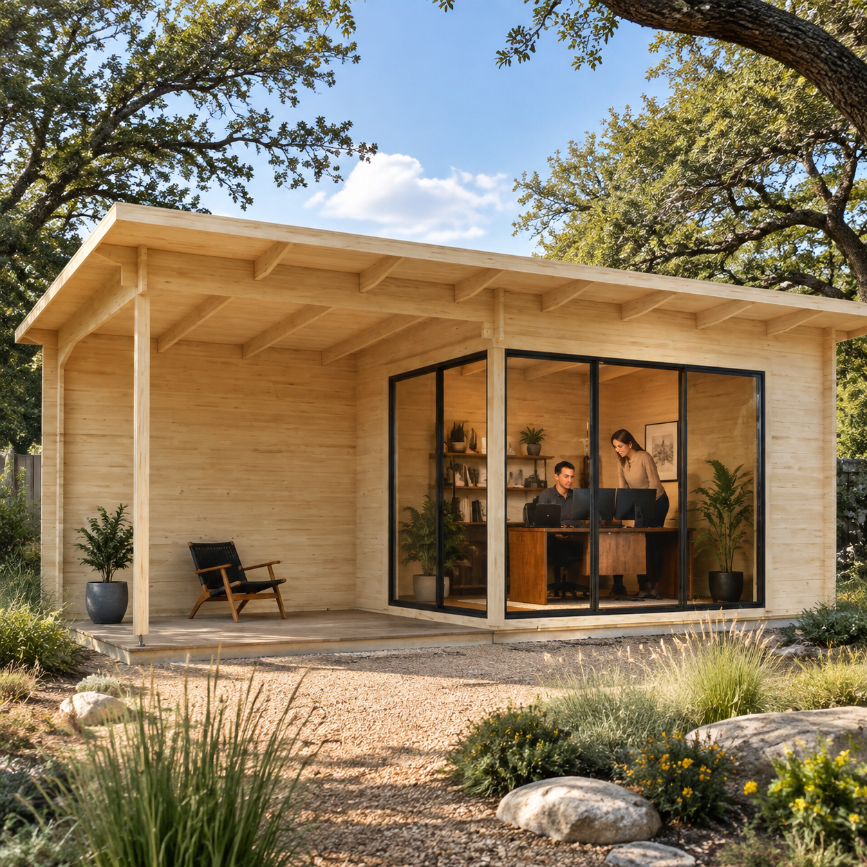Rectangular wood Starla 44C ALU ISO studio with glass walls, a porch, and two people working inside an office.