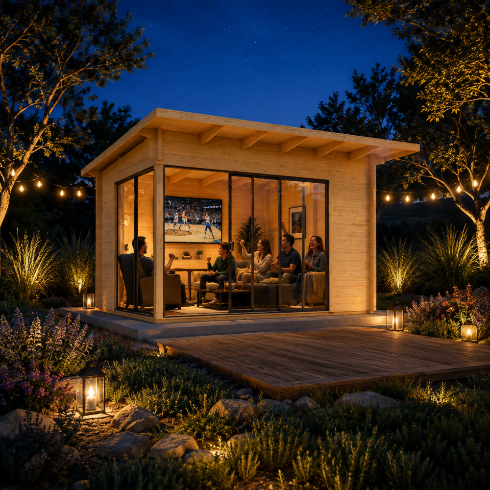 Rectangular wood studio with glass walls and a flat roof, illuminated at night with people inside watching a television.