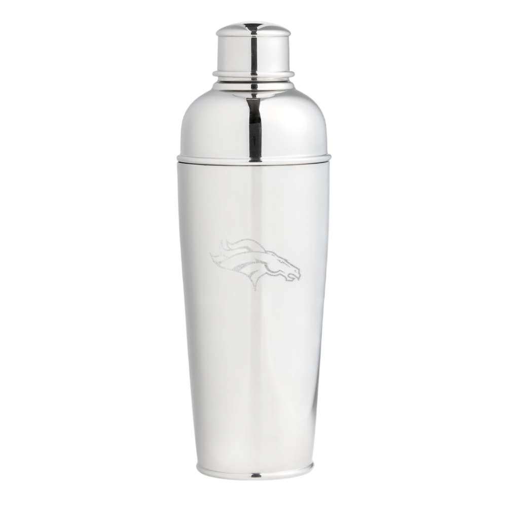 Denver Broncos Crate & Barrel Easton Stainless Steel Cocktail Shaker with polished stainless steel and team logo design