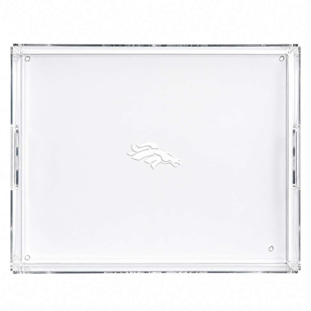 Denver Broncos Crate & Barrel NFL Large Rectangle Acrylic Decorative Tray with team logo on white acrylic