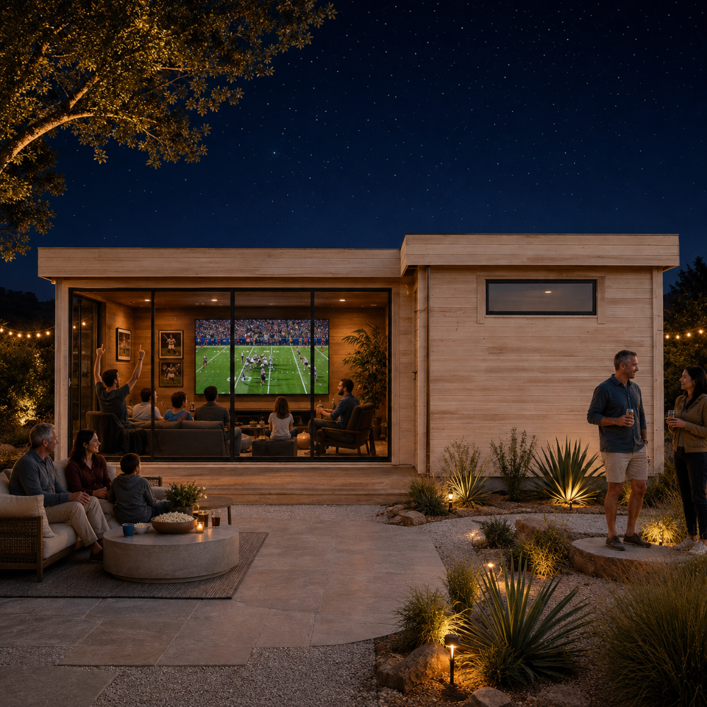 Rectangular light wood cabin with glass walls at night, showing people watching a game inside and a patio with stone tiles.