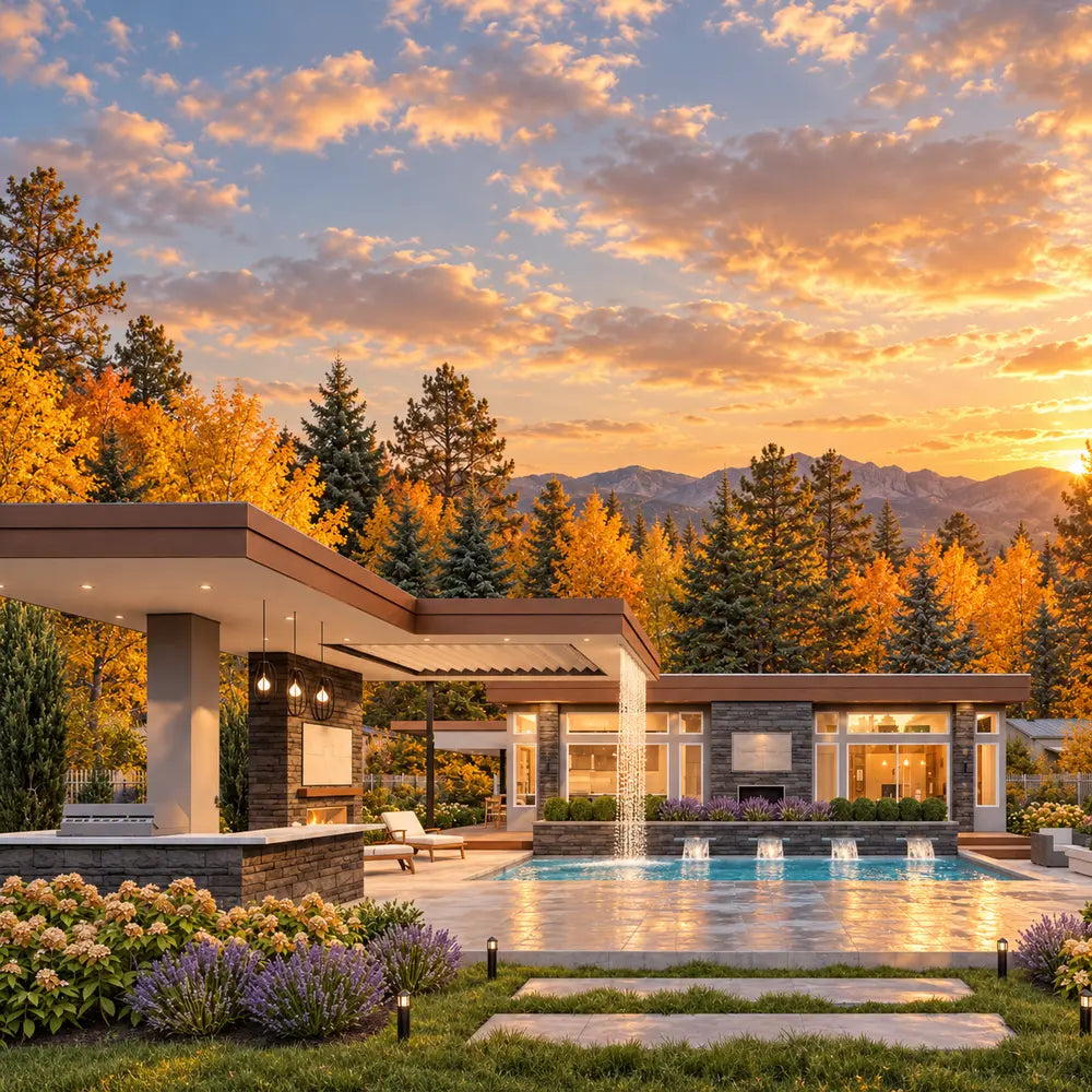 The Algonquin Multi-Room Freedom House glowing at golden hour in Colorado, surrounded by golden aspens and evergreen trees with warm sunlight reflecting across the resort-style pool.