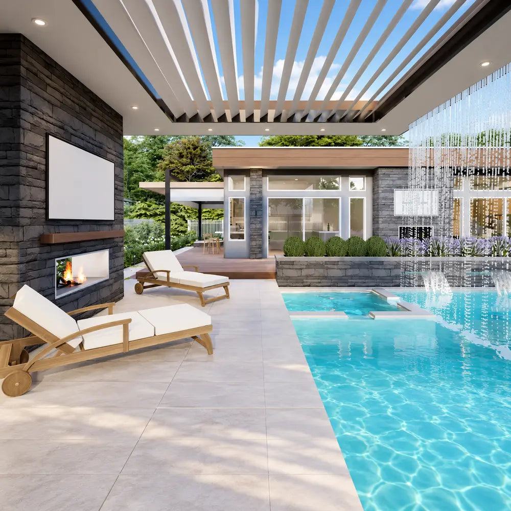 Poolside lounge at the Algonquin Garden Suites with cushioned wooden chairs, a stone fireplace, pergola roof, cascading rain curtain, landscaped planters, and turquoise pool.
