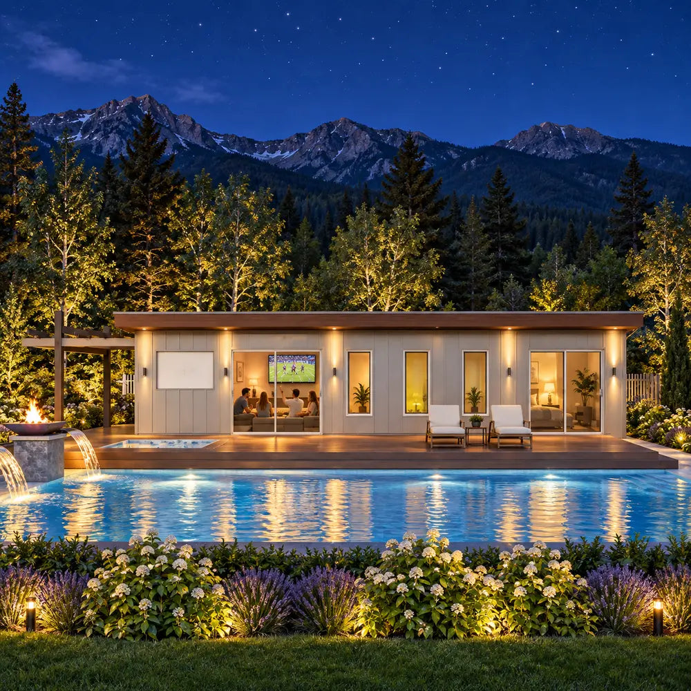 The illuminated Jasper one-bedroom Freedom Suite on a bright Colorado summer night, with four adults watching sports on television through the glass doors and the pool glowing beneath a starry sky and Rocky Mountains.
