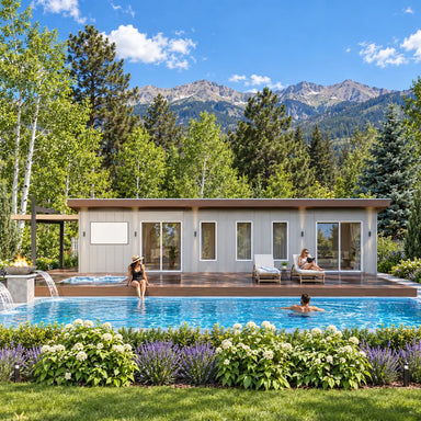 Centered view of the Jasper one-bedroom Freedom Suite on a sunny Colorado day, with one adult swimming, another sitting beside the pool, and a third reading on a lounge chair beneath green aspens and Rocky Mountain peaks.