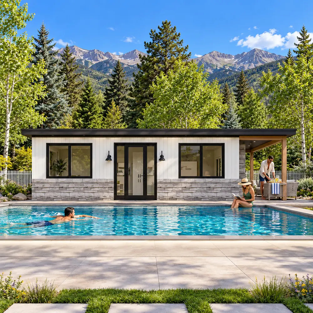 Centered view of the Tremblant one-bedroom Freedom Suite on a sunny Colorado day, with one adult swimming, another reading beside the pool, and a third arranging refreshments beneath green aspens and Rocky Mountain peaks.