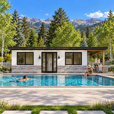 Centered view of the Tremblant one-bedroom Freedom Suite on a sunny Colorado day, with one adult swimming, another reading beside the pool, and a third arranging refreshments beneath green aspens and Rocky Mountain peaks.