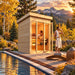Angled view of the TS TwoSauna at golden hour in Colorado, with one adult reclining inside while another cools down outside with water among autumn aspens and mountain scenery.