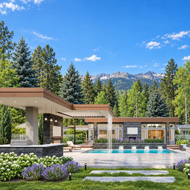 The Algonquin Multi-Room Freedom House presented as a private Colorado mini resort, featuring a turquoise pool, four cascading spillways, covered outdoor kitchen, fireplace pavilion, and vibrant green native trees.