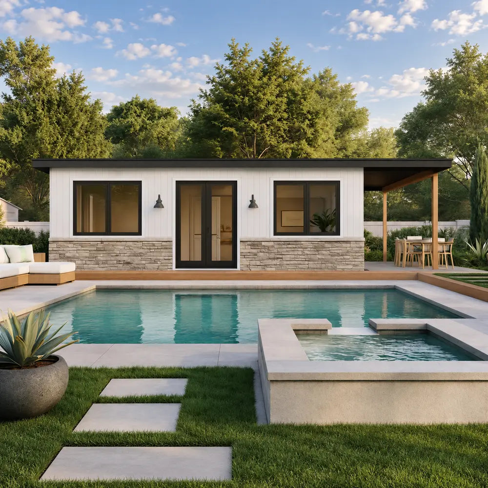 Modern Tremblant Garden Suites with white siding, stone base, black-trimmed windows, covered dining patio, serene pool, and raised spa.