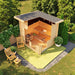 Overhead cutaway view of the Sawmill Structures Versa Sauna showing wooden benches, a stone heater, sauna accessories, and the surrounding garden.