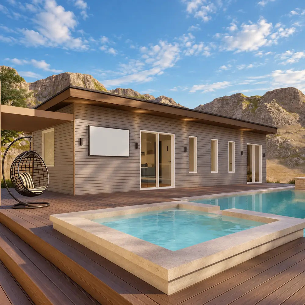Banff Garden Suites exterior with sleek wood cladding, large glass doors, a spa-style pool, landscaped deck, and dramatic mountain backdrop.