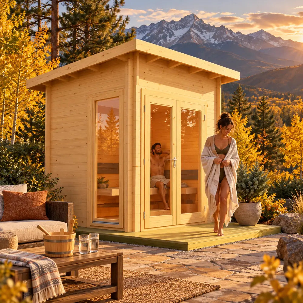The Versa Sauna glows in golden-hour light among brilliant autumn aspens in Colorado, with one adult cooling down outside in a robe and another resting on the wooden bench inside.