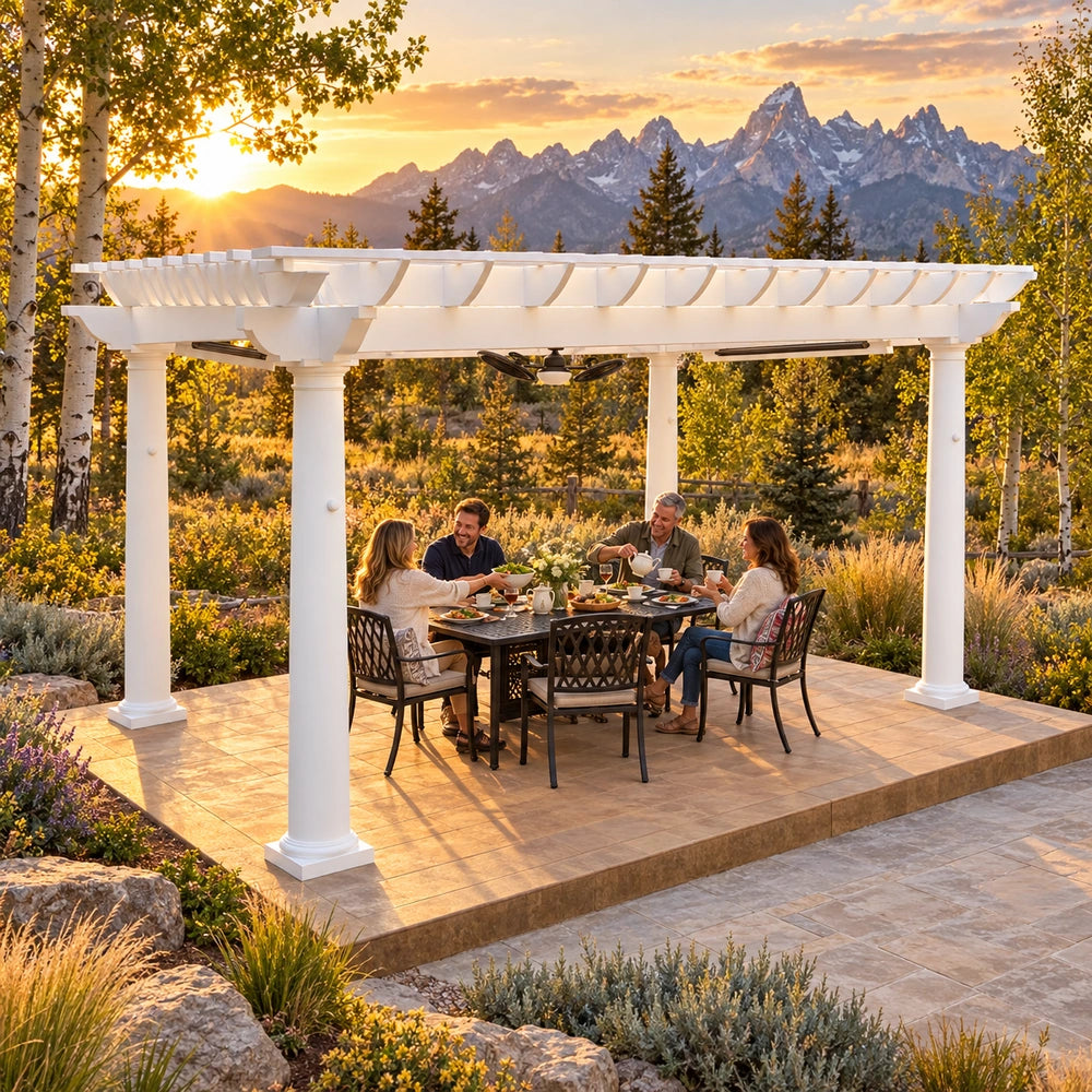 Four adults share dinner and tea beneath a white StructureWorks Trex pergola, viewed at an angle with Wyoming’s Teton Mountains glowing at golden hour.