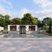Symmetrical front view of the Tremblant Garden Suites featuring white siding, stone and wood finishes, black-framed windows, a central glass door, covered patio, and pool.