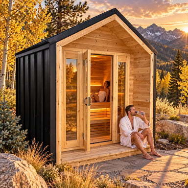 Angled view of the CabinSauna at golden hour in Colorado, with one adult reclining inside and another cooling down with water on the wooden porch amid autumn aspens and mountain scenery.