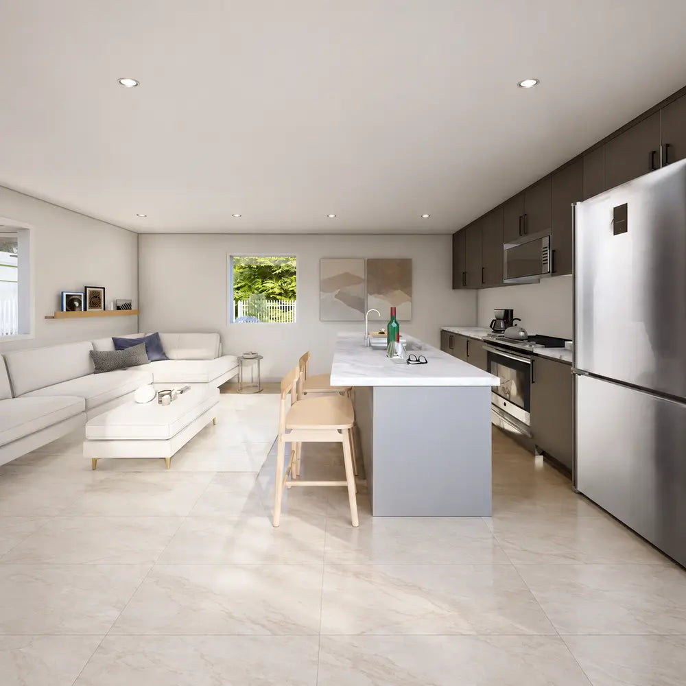 Open-concept Banff Garden Suites kitchen and living area with neutral finishes, modern furniture, a large island, and expansive poolside windows.