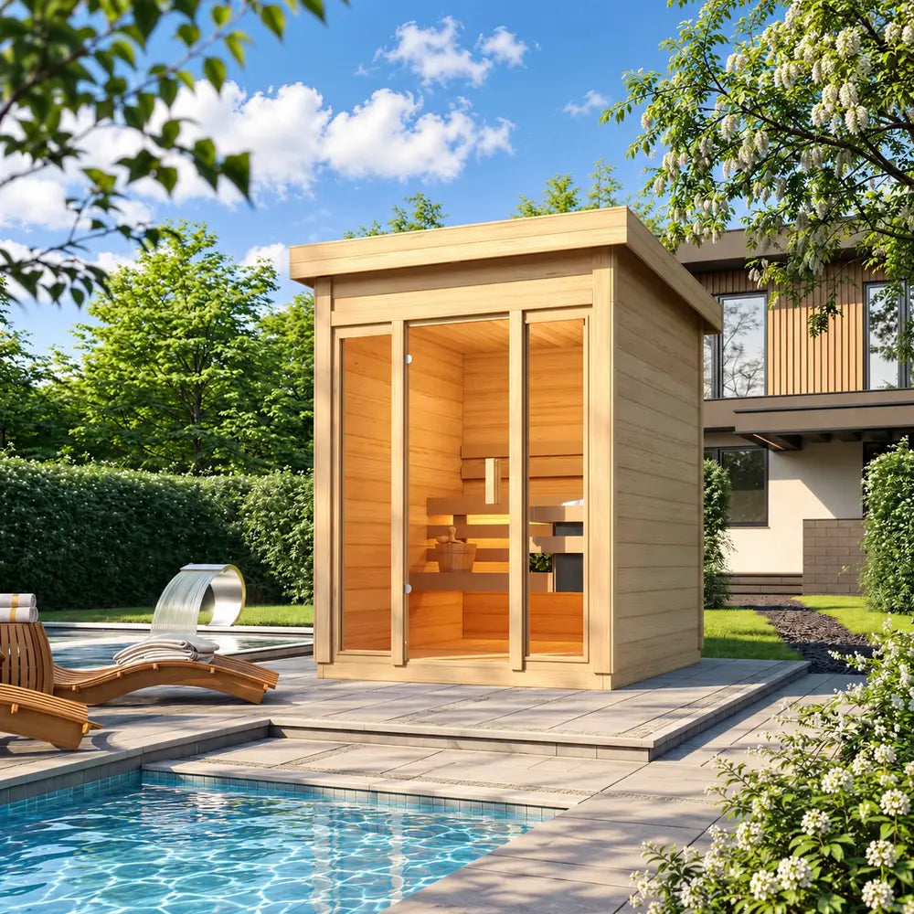 Sunny exterior view of the TS TwoSauna featuring sleek vertical wood construction, a full glass-front entrance, warm interior benches, and a landscaped poolside setting.