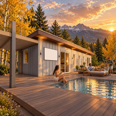Side-angle view of the Jasper one-bedroom Freedom Suite at golden hour, with four adults enjoying drinks beside the pool amid golden aspens, evergreen trees, and Colorado mountain scenery.