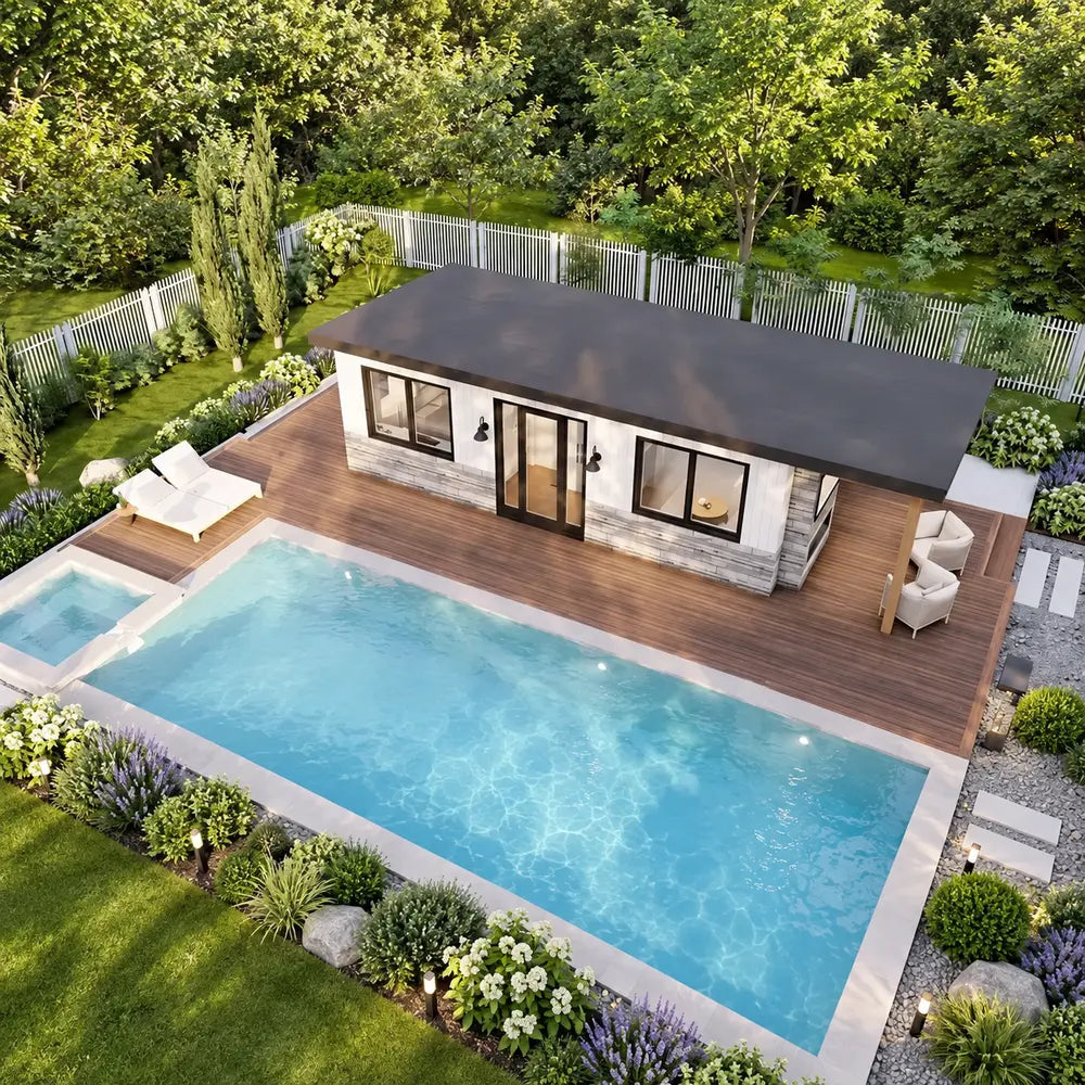 Aerial view of the Tremblant Garden Suites showing its rectangular design, sleek dark roof, spacious wood deck, swimming pool, spa, and landscaped yard.