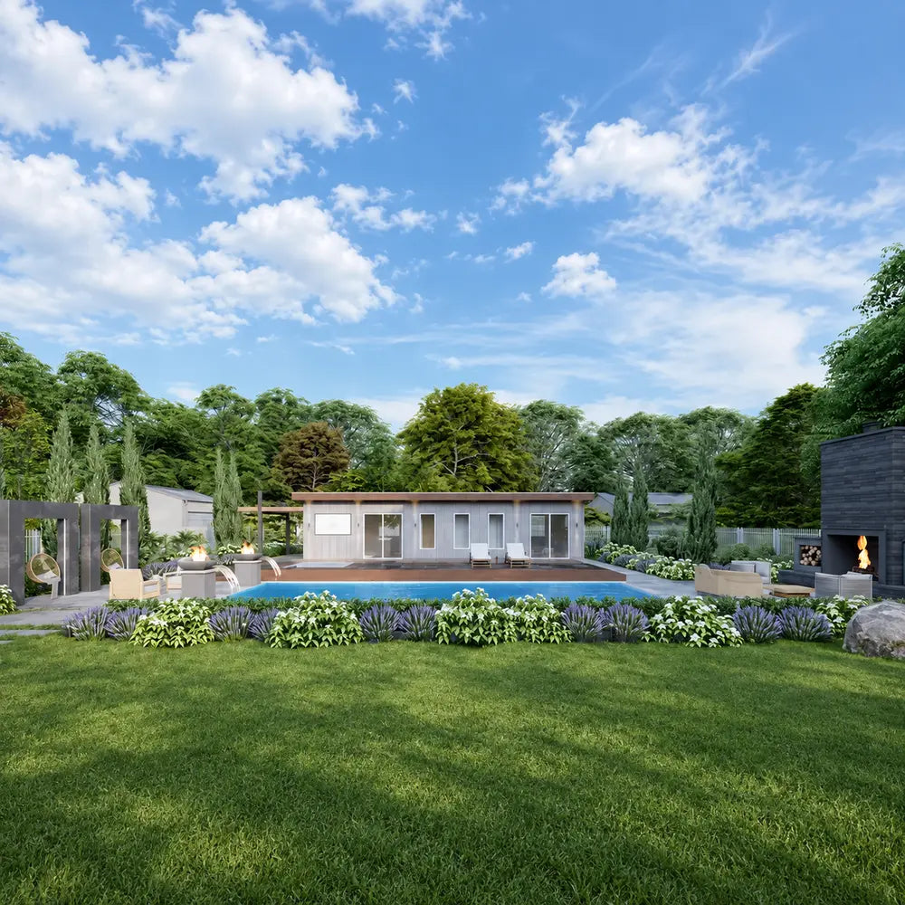 Wide view of the Jasper Garden Suites surrounded by a long pool, lush landscaped gardens, hanging chairs, lounge areas, and outdoor fire features.