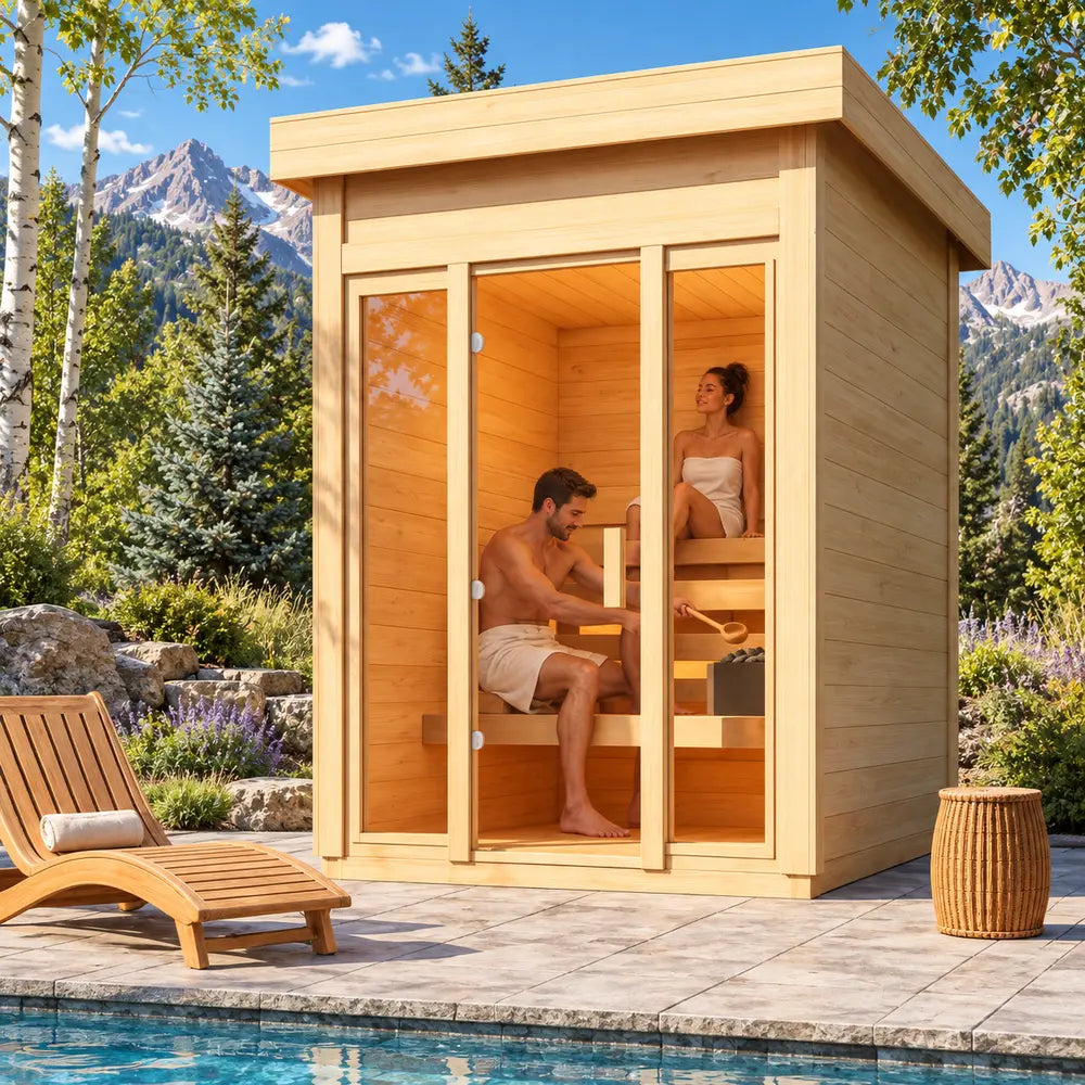 The compact TS TwoSauna on a sunny Colorado poolside patio, with two adults relaxing inside as one pours water over the sauna stones, surrounded by green aspens and Rocky Mountain peaks.