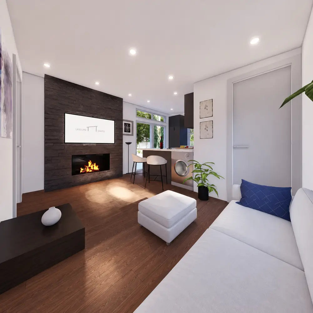 Open-concept Muskoka Garden Suites living room featuring a dark stone fireplace, mounted television, white sofa, kitchen bar, and stools.