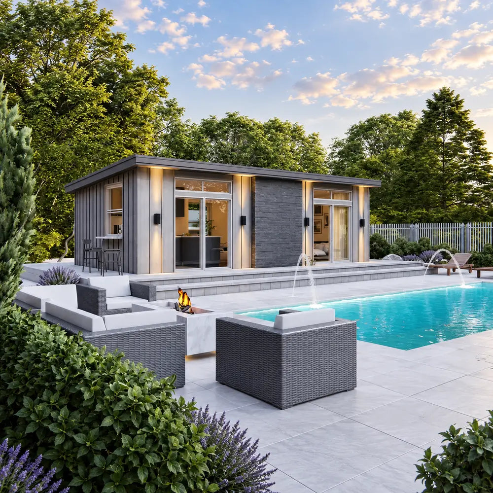 Modern Muskoka Garden Suites guest suite with large glass doors overlooking a sparkling pool, fountain jets, woven seating, and landscaped gardens.
