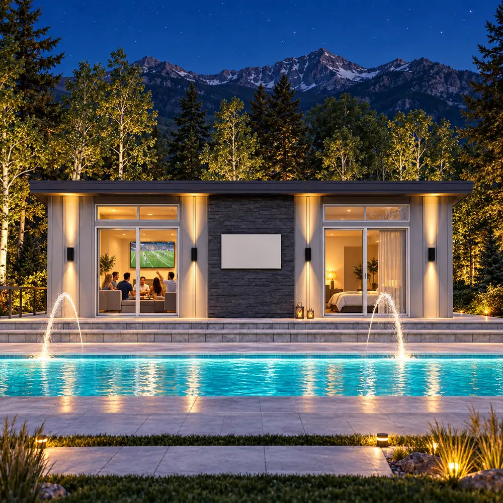 The illuminated Muskoka one-bedroom Freedom Suite on a bright Colorado summer night, with a group of adults watching sports through the glass doors as the pool fountains glow beneath a starry sky and Rocky Mountains.