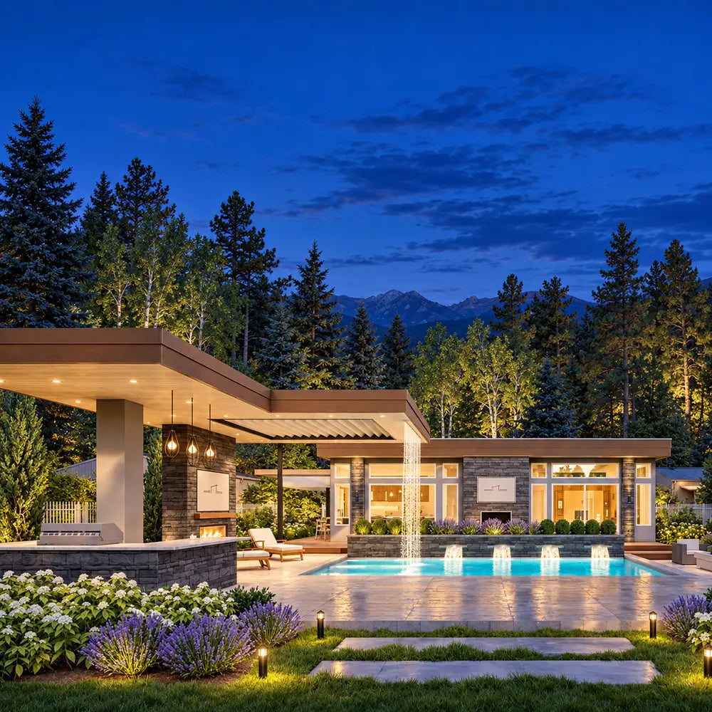 The Algonquin Multi-Room Freedom House illuminated on a clear Colorado summer night, with a glowing pool, cascading water features, pavilion lighting, fireplace, and Rocky Mountain scenery.