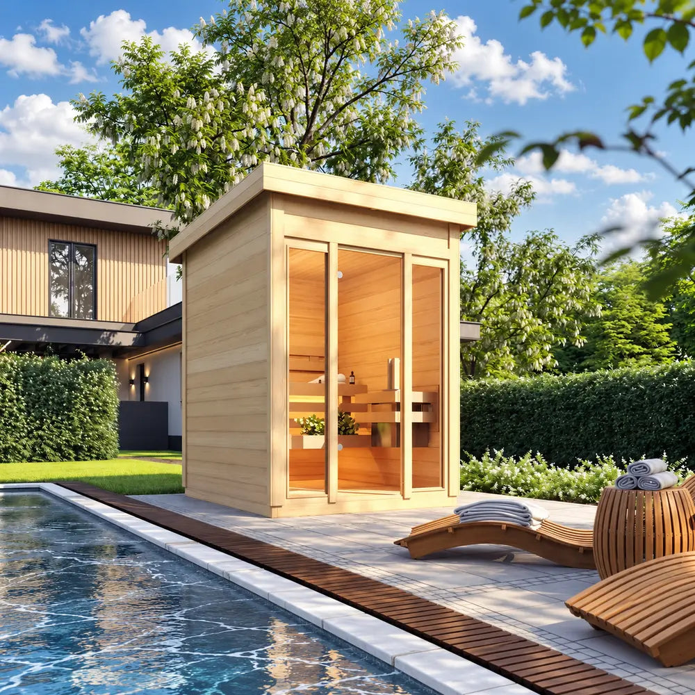 TS TwoSauna with a smooth light-wood exterior and glowing glass entrance beside a calm pool, curved wooden loungers, folded towels, and lush landscaping.