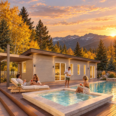 The Banff one-bedroom suite glowing at golden hour in Colorado as four adults relax with drinks beside the pool and spa, surrounded by autumn aspens and mountain scenery.