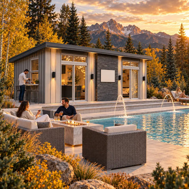 Angled view of the Muskoka one-bedroom Freedom Suite at golden hour, with adults enjoying drinks around a poolside fire table and side bar amid golden aspens and Colorado mountain scenery.