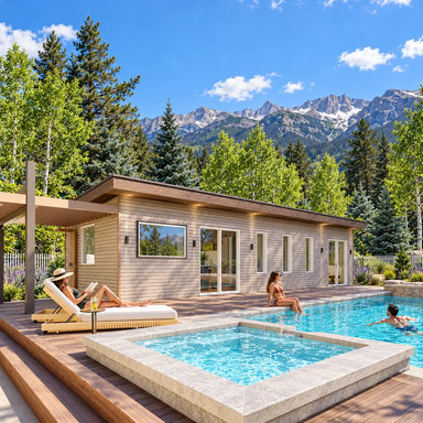 The Banff one-bedroom poolside suite on a sunny Colorado day, with one adult swimming, another sitting beside the pool, and a third reading on a chaise beneath green trees and Rocky Mountain views.