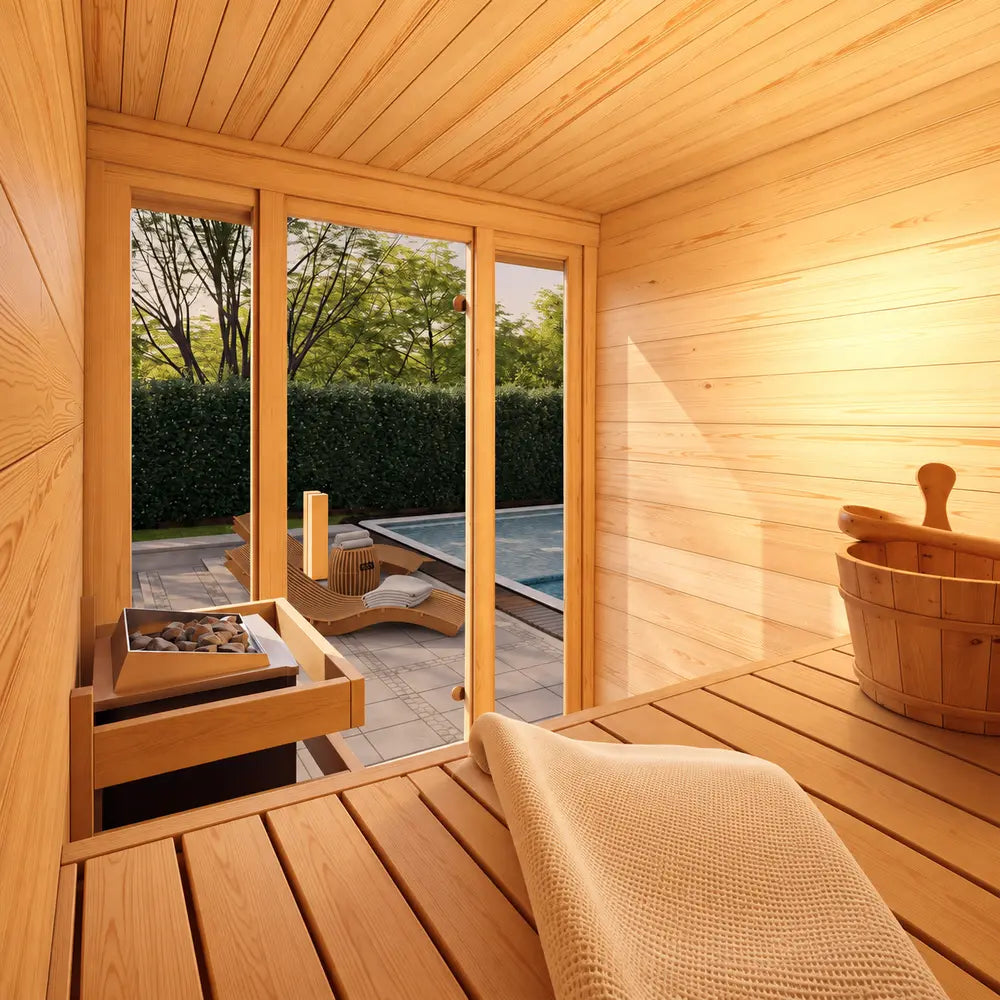 Warm wood interior of the TS TwoSauna with a sauna heater, bench, wooden bucket and ladle, and a peaceful view through the glass entrance toward the pool.
