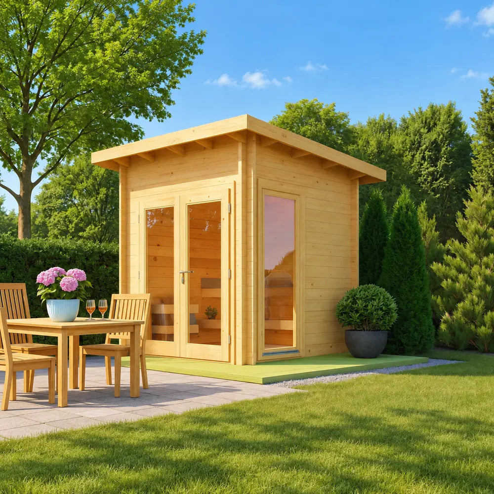 Sawmill Structures Versa Sauna glowing in warm sunlight beside a wooden dining table and chairs in a landscaped backyard.