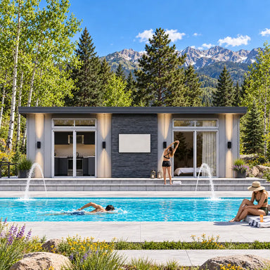 Centered view of the Muskoka one-bedroom Freedom Suite on a sunny Colorado day, with one adult swimming, another stretching on the terrace, and a third applying sunscreen beside the pool beneath green aspens and Rocky Mountain peaks.