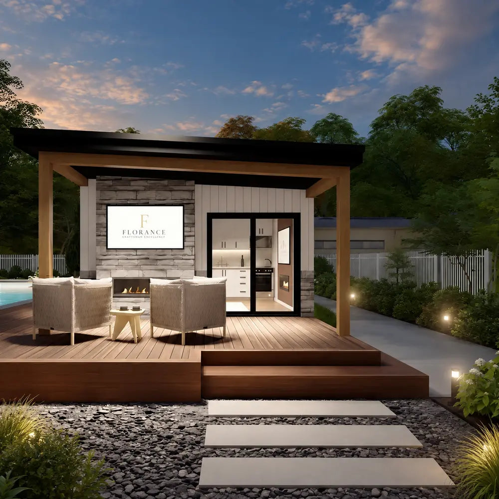 Tremblant Garden Suites glowing warmly at dusk with a covered wood patio, wicker chairs, stone accent wall, linear fire pit, and illuminated garden path.