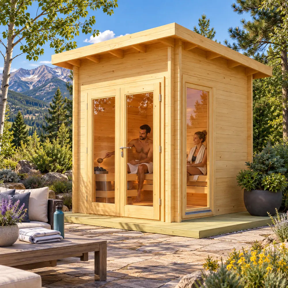 The compact blond-wood Versa Sauna stands on a stone patio overlooking Colorado’s Rocky Mountains on a sunny summer afternoon, while two adults relax inside and one pours water over the sauna stones.