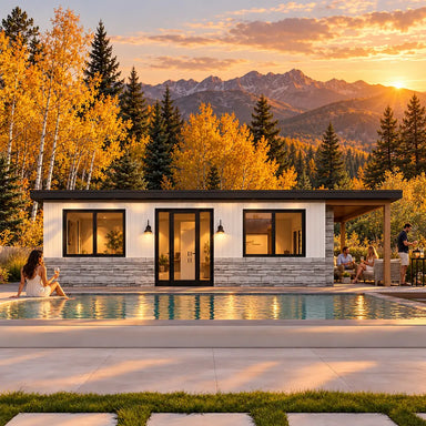 The Tremblant one-bedroom Freedom Suite at golden hour, with four adults enjoying drinks beside the pool and covered patio amid glowing autumn aspens and Colorado mountain scenery.