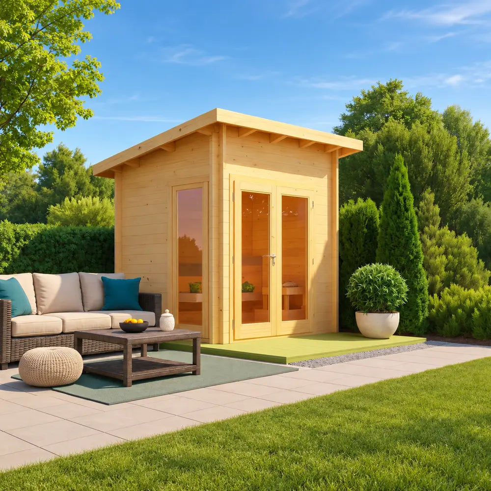 Sawmill Structures Versa Sauna beside a comfortable patio sofa set in a bright, landscaped garden.