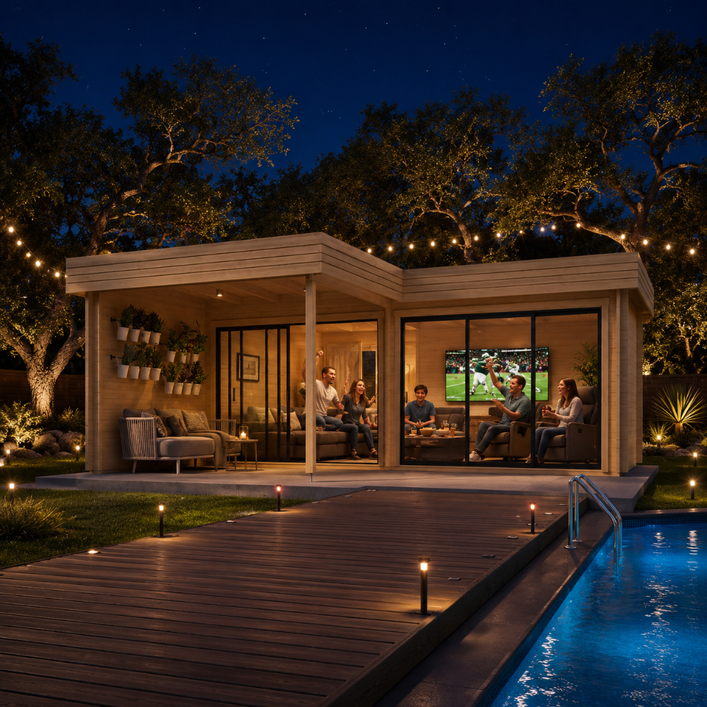L-shaped wood studio with glass doors and people inside, situated by a pool and wood deck at night with string lights.