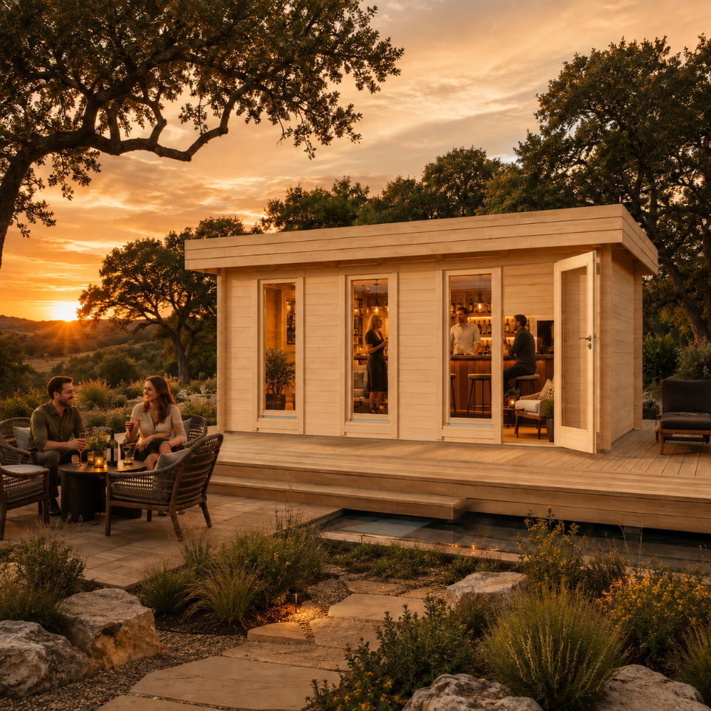 Rectangular light wood studio with glass doors on a deck at sunset, featuring a lit interior bar and outdoor seating.